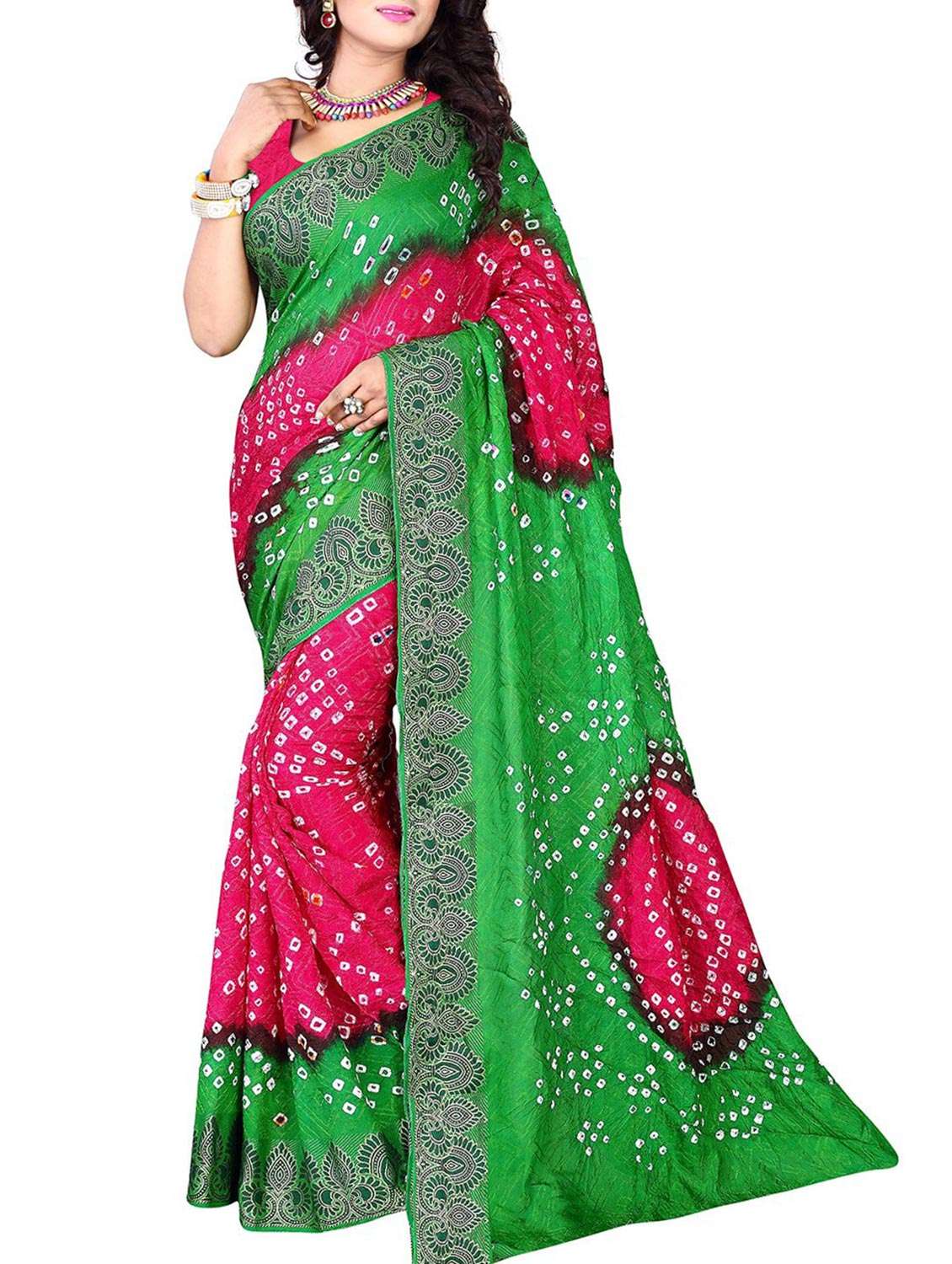 multicolored art silk bandhej saree with blouse
