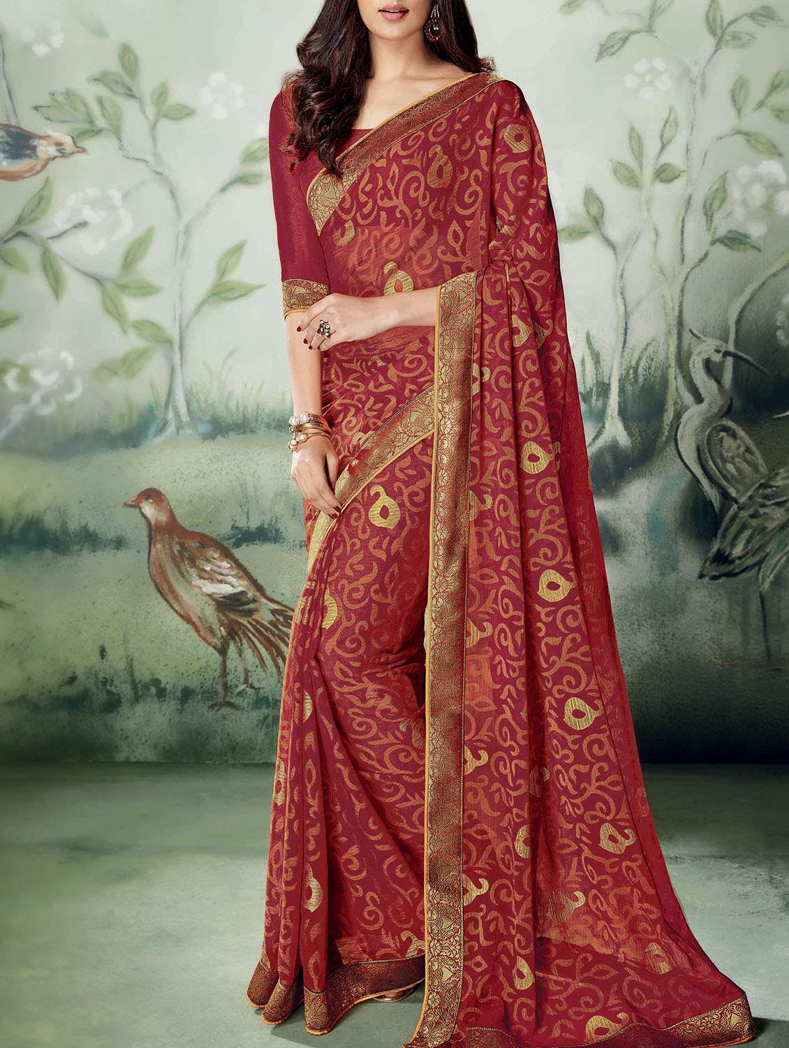 maroon chiffon saree with blouse