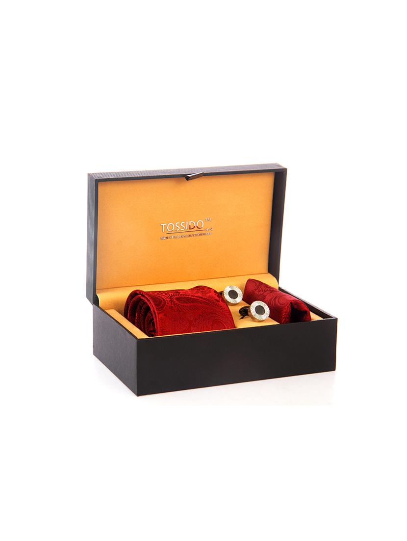 maroon color, micro fiber neck tie with cuff link and pocket square - 12157448 - Standard Image - 4
