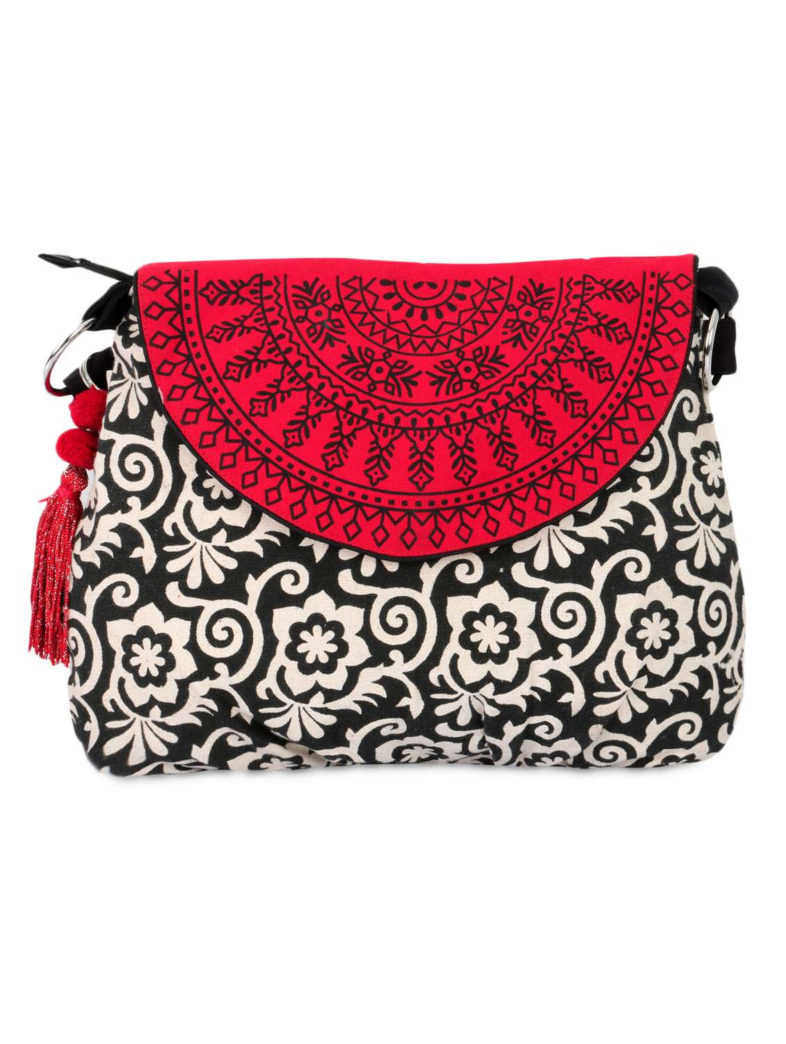 black and white printed canvas sling bag