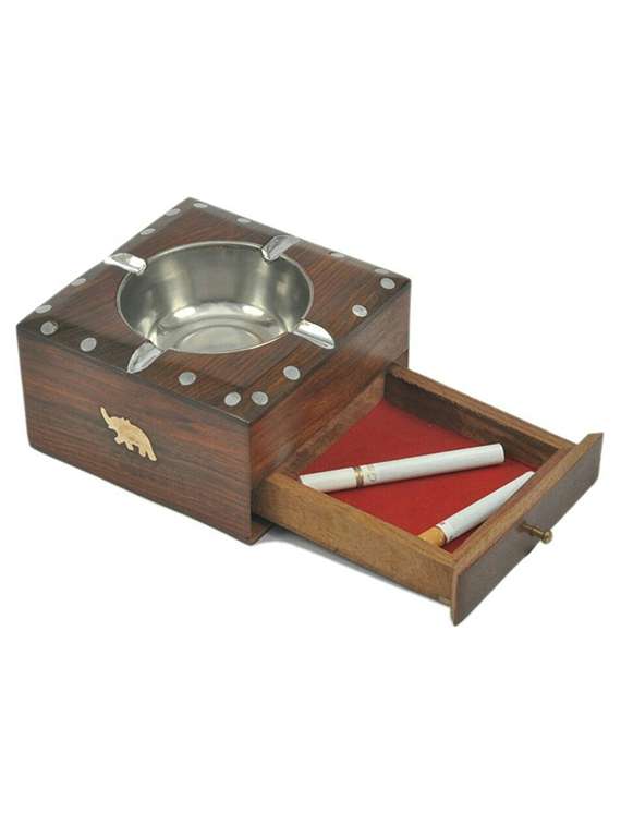 brown wooden ashtray with cigarette drawer