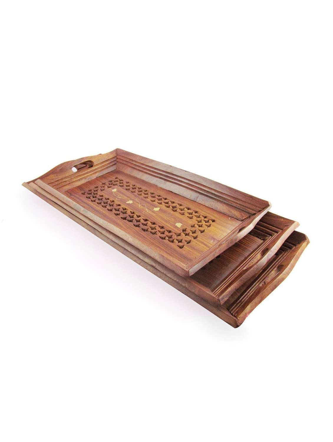  set of 3 wooden serving tray set with brass work