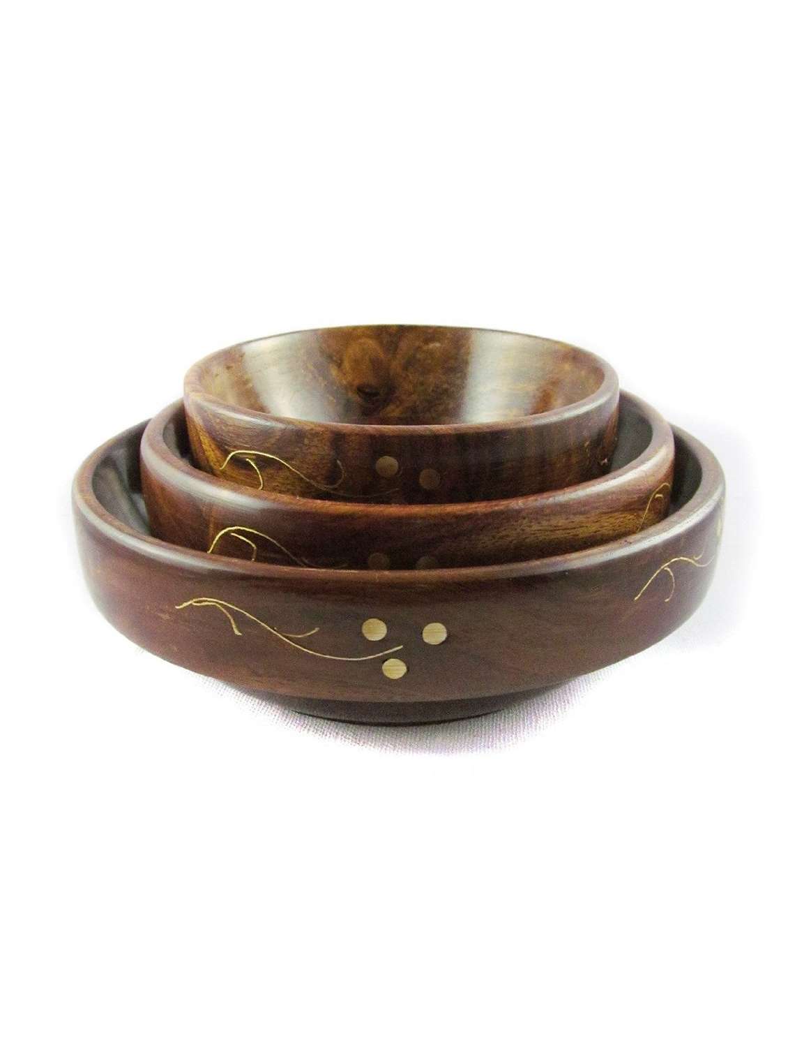 desi karigar fancy wooden brass work set of 3 serving bowl