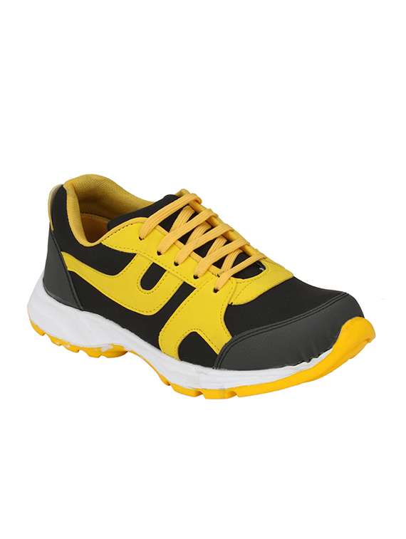 yellow faux leather lace up sport shoes