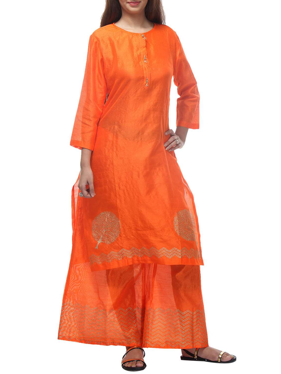 orange dupion hand block printed kurta