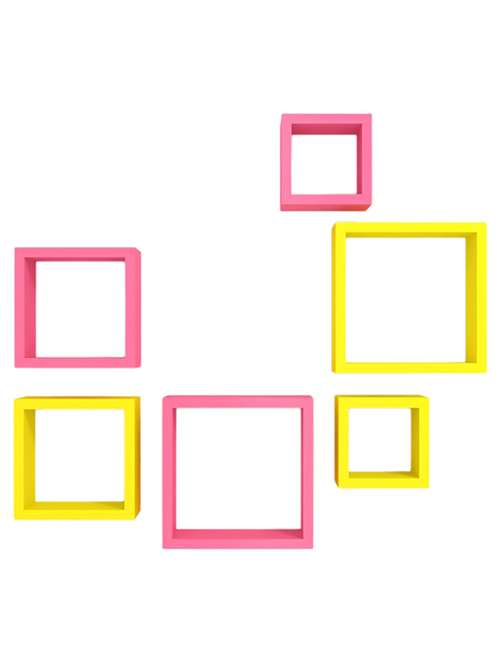 desi karigar wall mount shelves square shape set of 6 wall shelves - yellow & pink - 12167651 -  Standard Image - 0