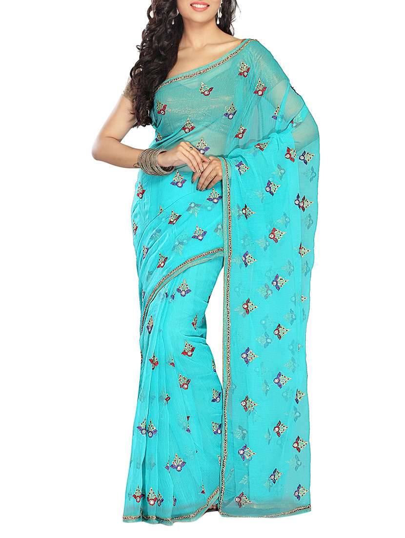 sky blue chiffon embroidered saree with blouse