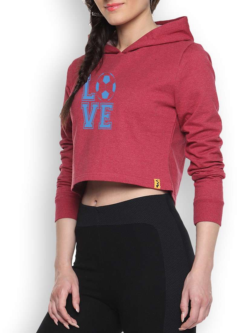 maroon womens printed crop hoodie