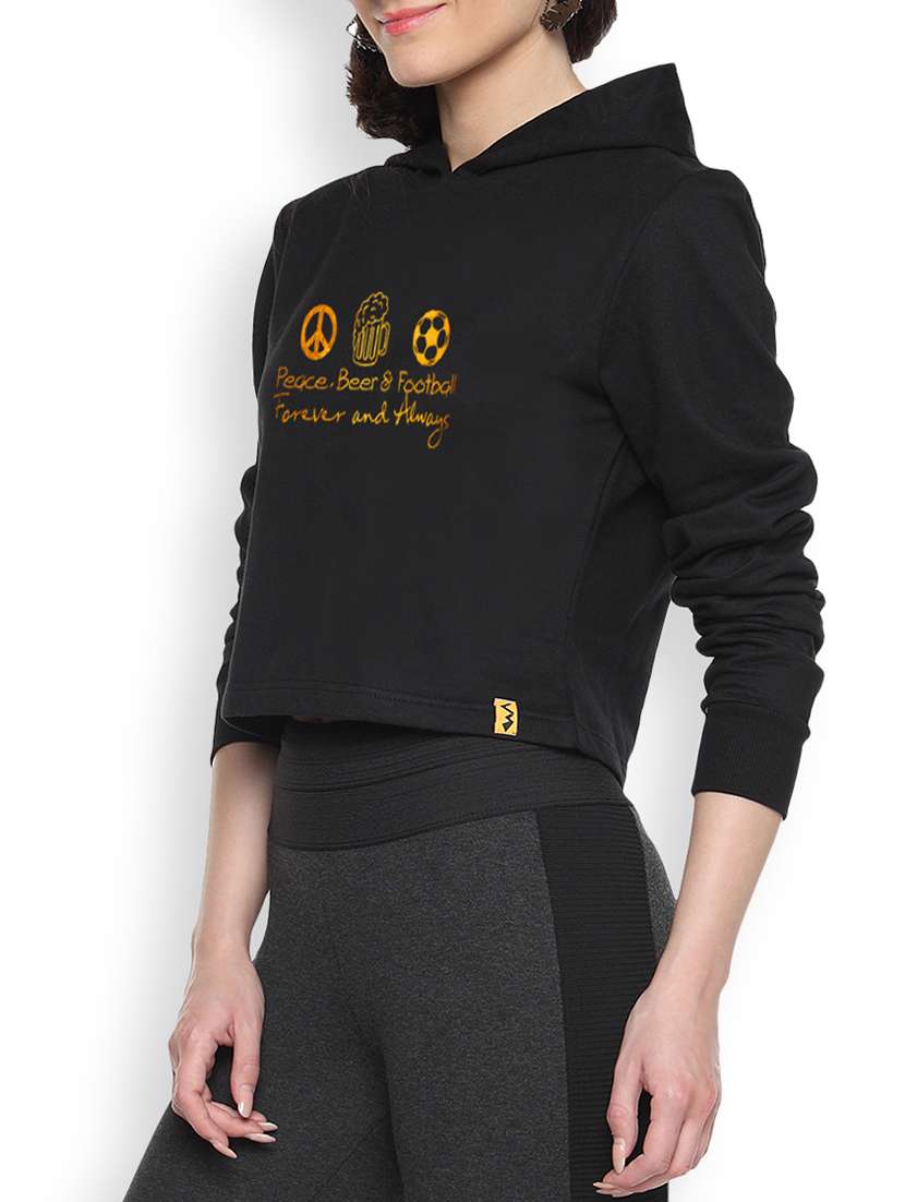 black womens printed crop hoodie