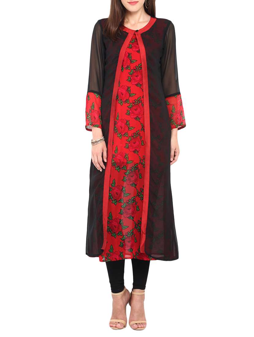black georgette floral printed a-line kurta