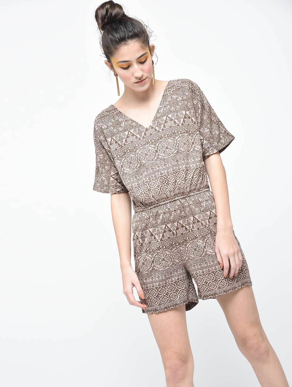 brown printed cotton romper jumpsuit