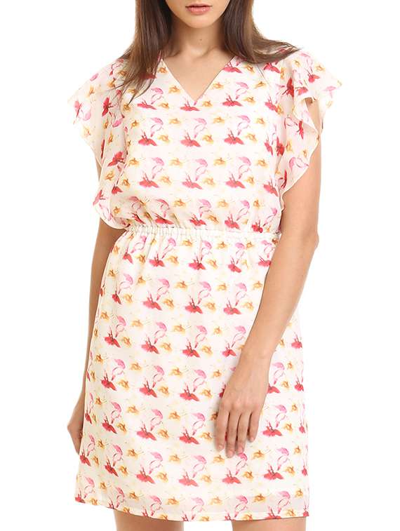 beige printed blouson dress