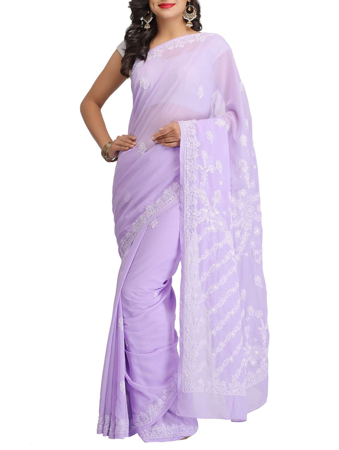 purple georgette chikankari saree with blouse