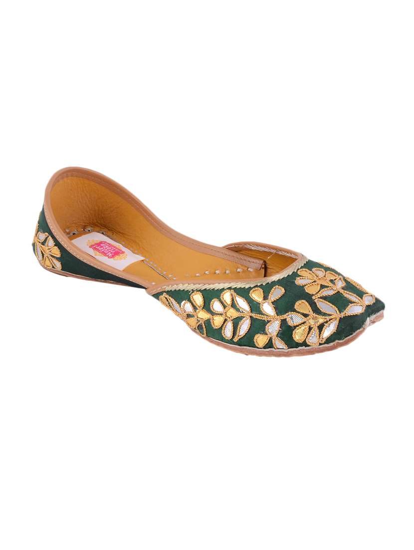 bottle green silk hand embroidered mojaris