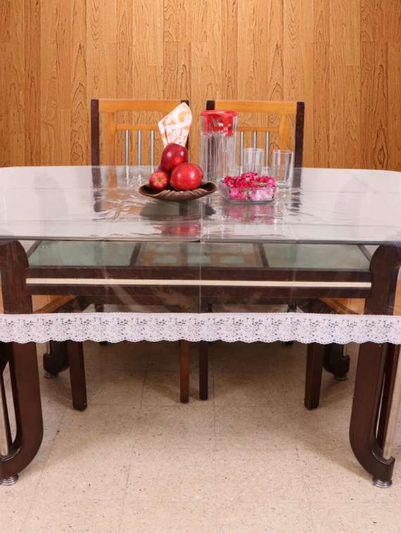 azalea clear 6 seater table cover, 3 inch peach lace ,pack of 1