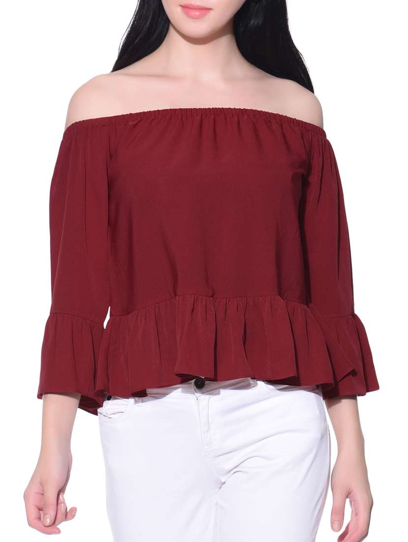 solid maroon crepe ruffle top