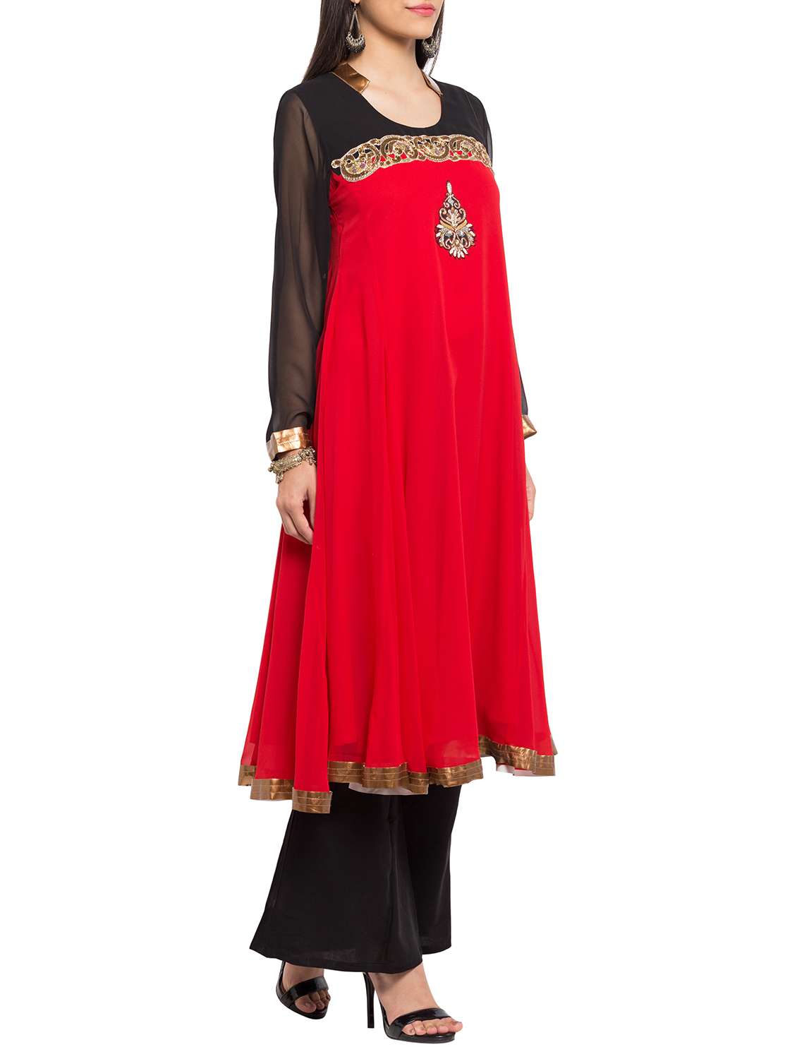 red georgette embroidered flared kurta