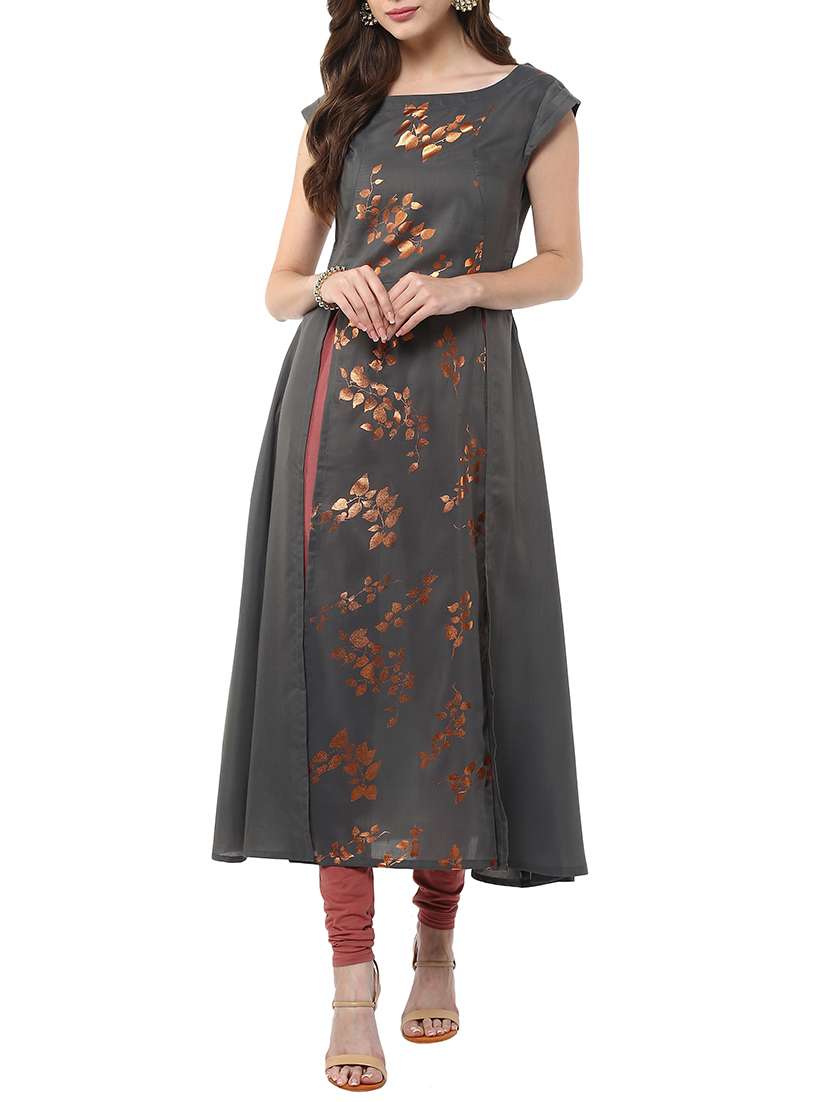 Grey Crepe high slit printed Kurta