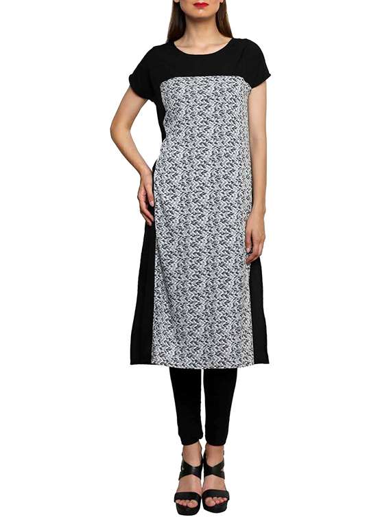 black poly crepe printed straight kurta