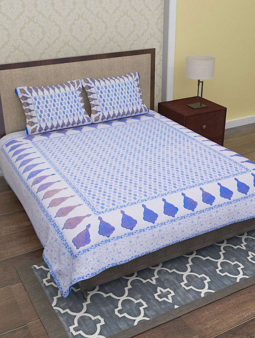 blue cotton double bedsheet with 2 pillow covers