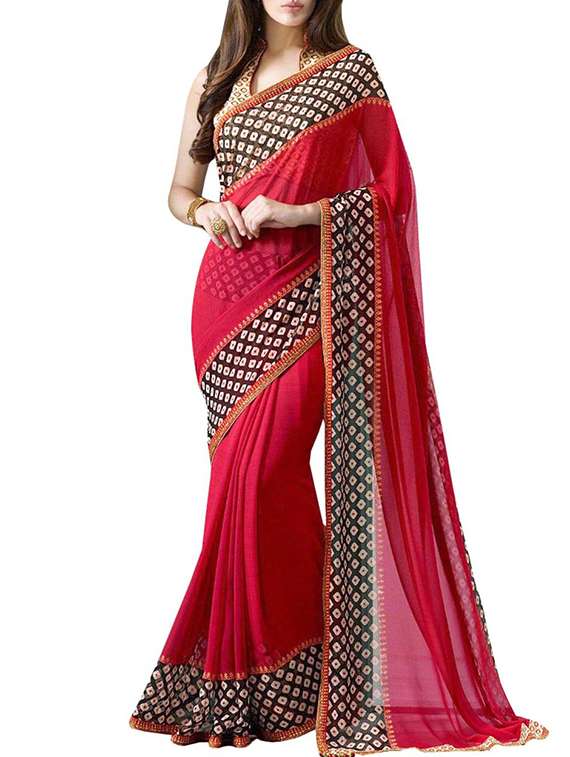 red faux georgette bordered saree with blouse