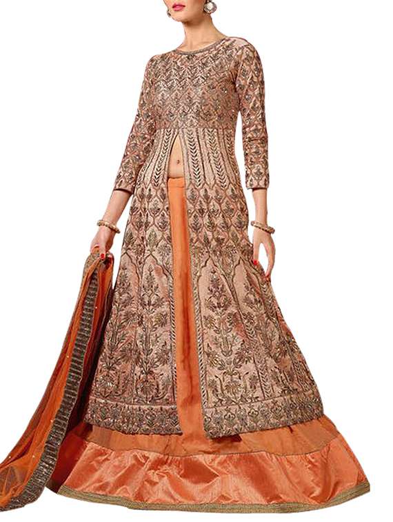 orange net embroidered lehenga