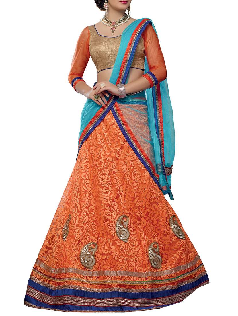 orange net embellished saree lehenga