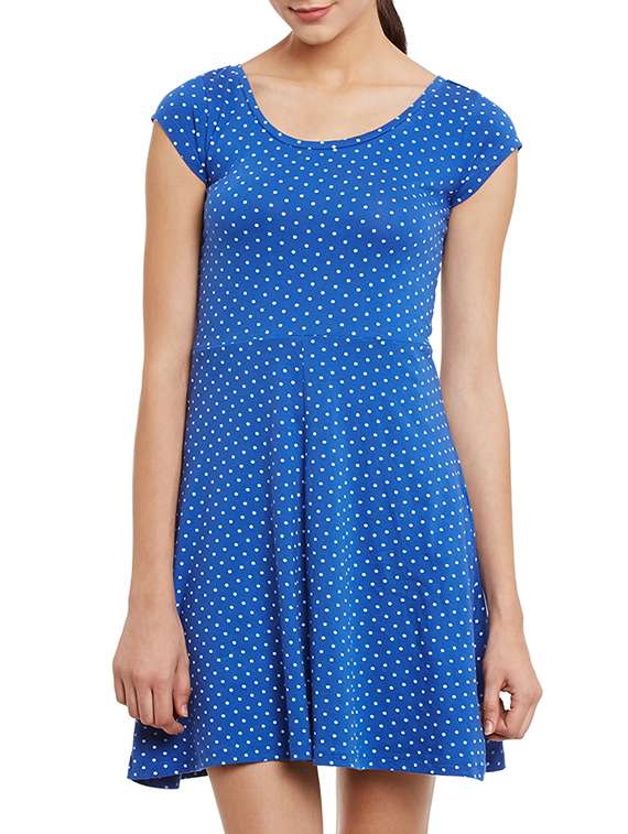 blue polka dot jersey fit & flare dress