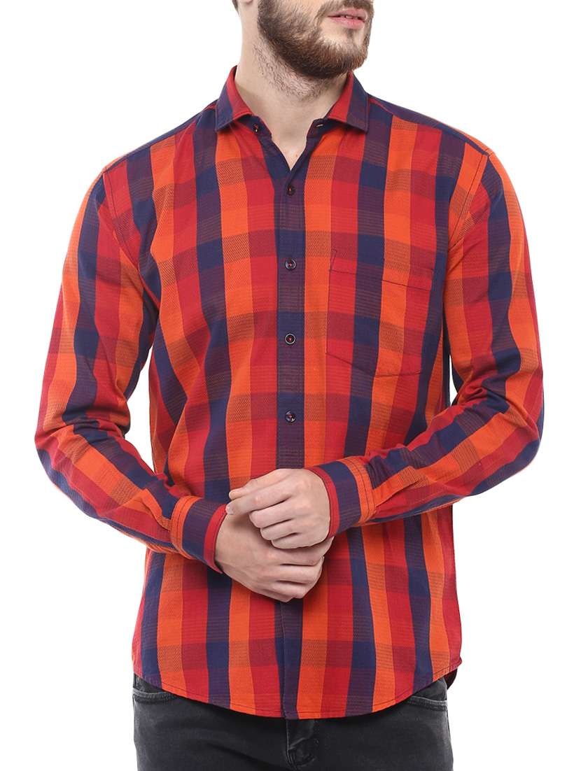 orange cotton checked casual shirt