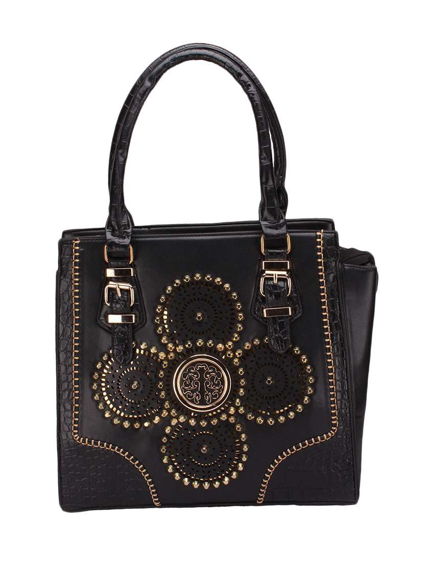 black studded leatherette cutwork handbag