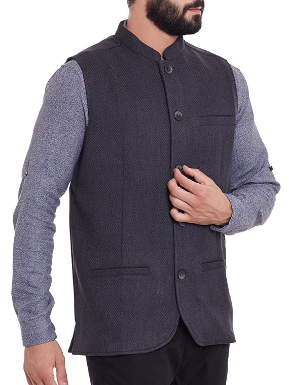 grey polyester blend nehru jacket - 12354119 - Standard Image - 4