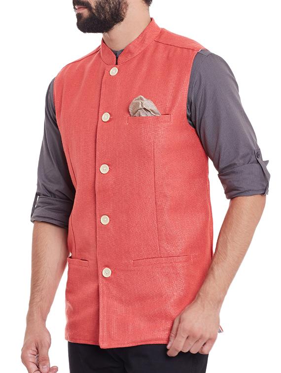 red linen nehru jacket - 12354121 - Standard Image - 1
