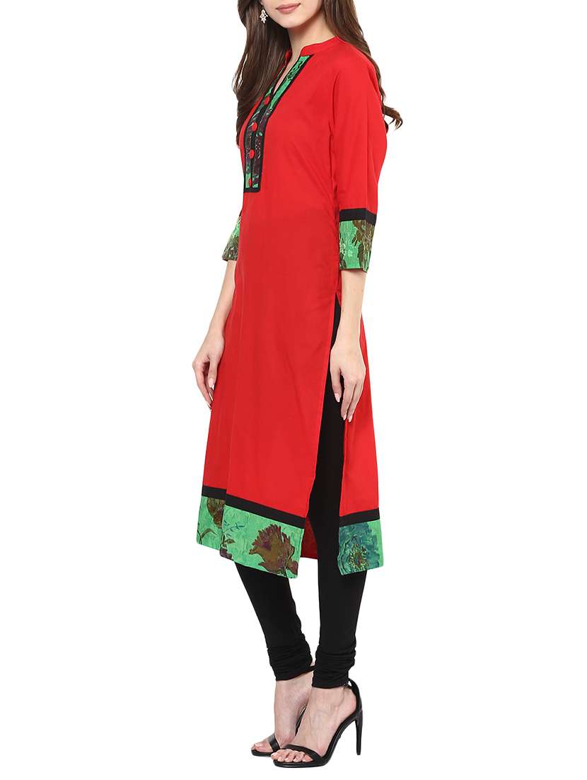 red cotton printed straight kurta - 12358998 -  Standard Image - 1