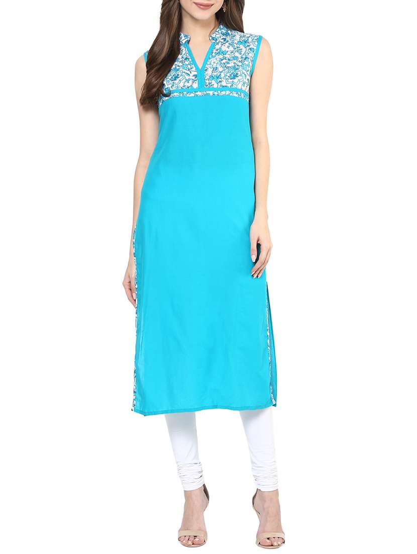 turquoise cotton printed long kurta
