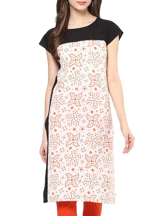 Black and white cotton printed straight kurta