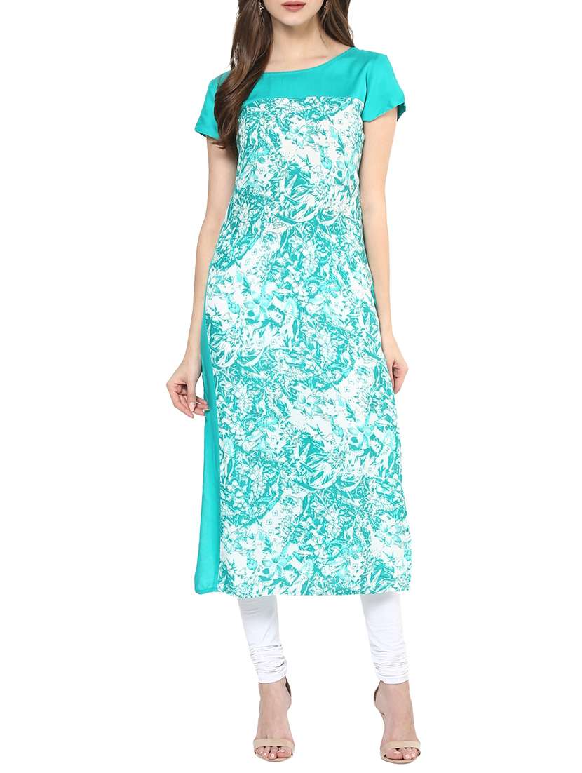 turquoise rayon printed long kurta