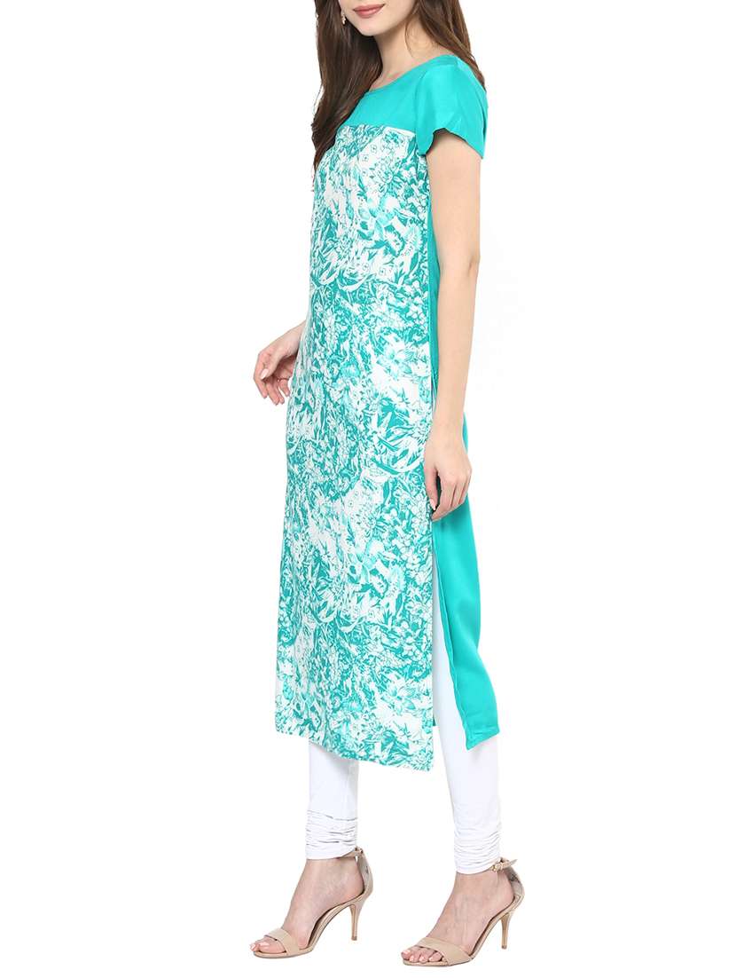 turquoise rayon printed long kurta - 12359043 -  Standard Image - 1