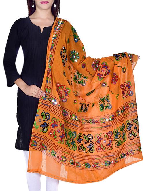 orange cotton embellished dupatta - 12372862 -  Standard Image - 0