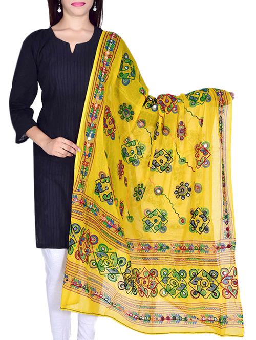 yellow cotton embellished dupatta - 12372867 - Standard Image - 0