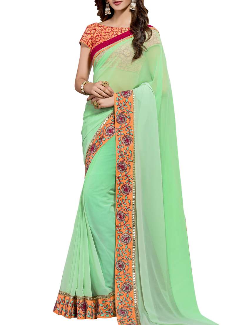 green georgette printed bordered saree with blouse