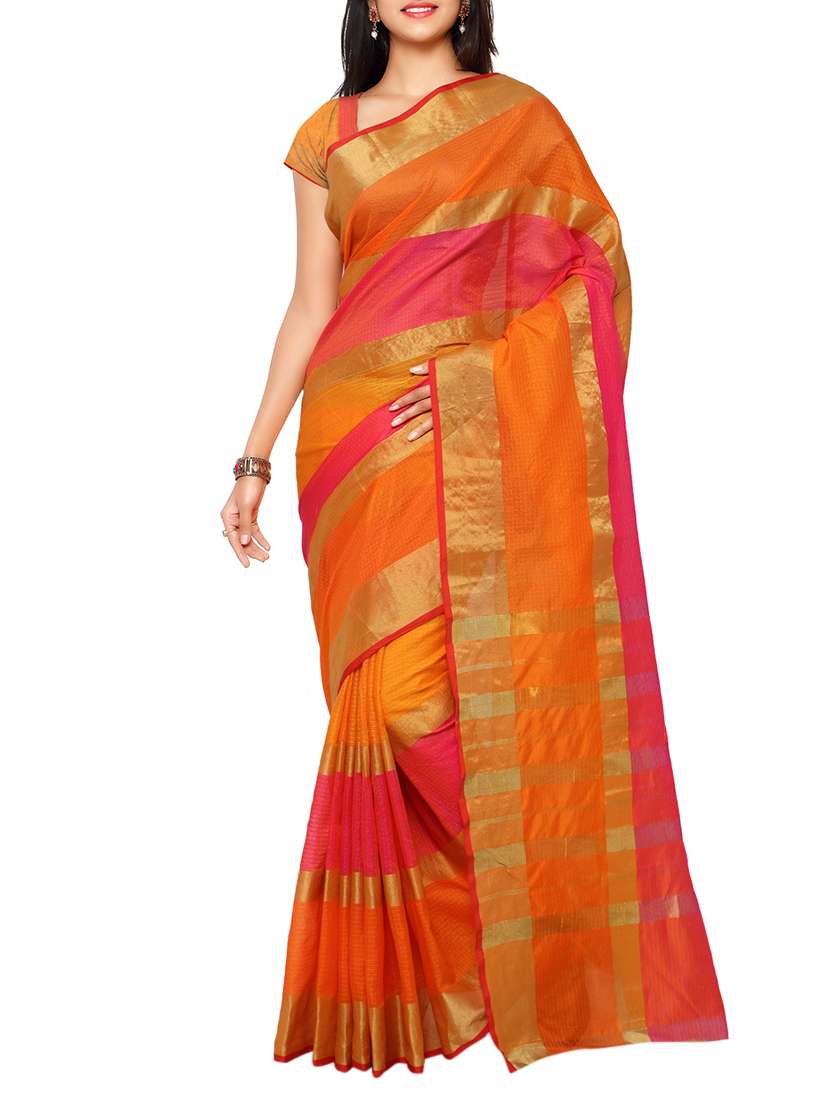 orange linen jacquard saree with blouse - 12374551 -  Zoom Image - 0