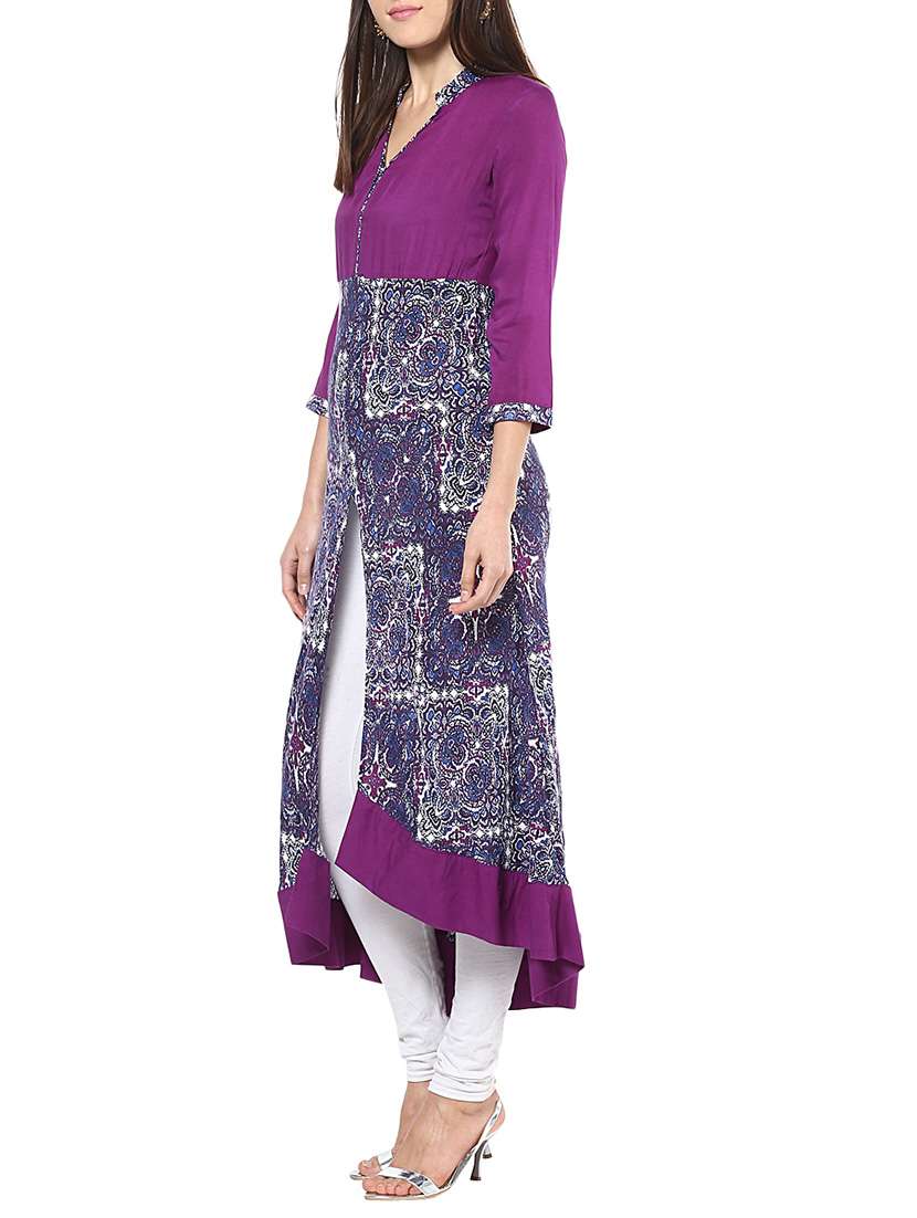 purple rayon high low kurta - 12377160 -  Standard Image - 1