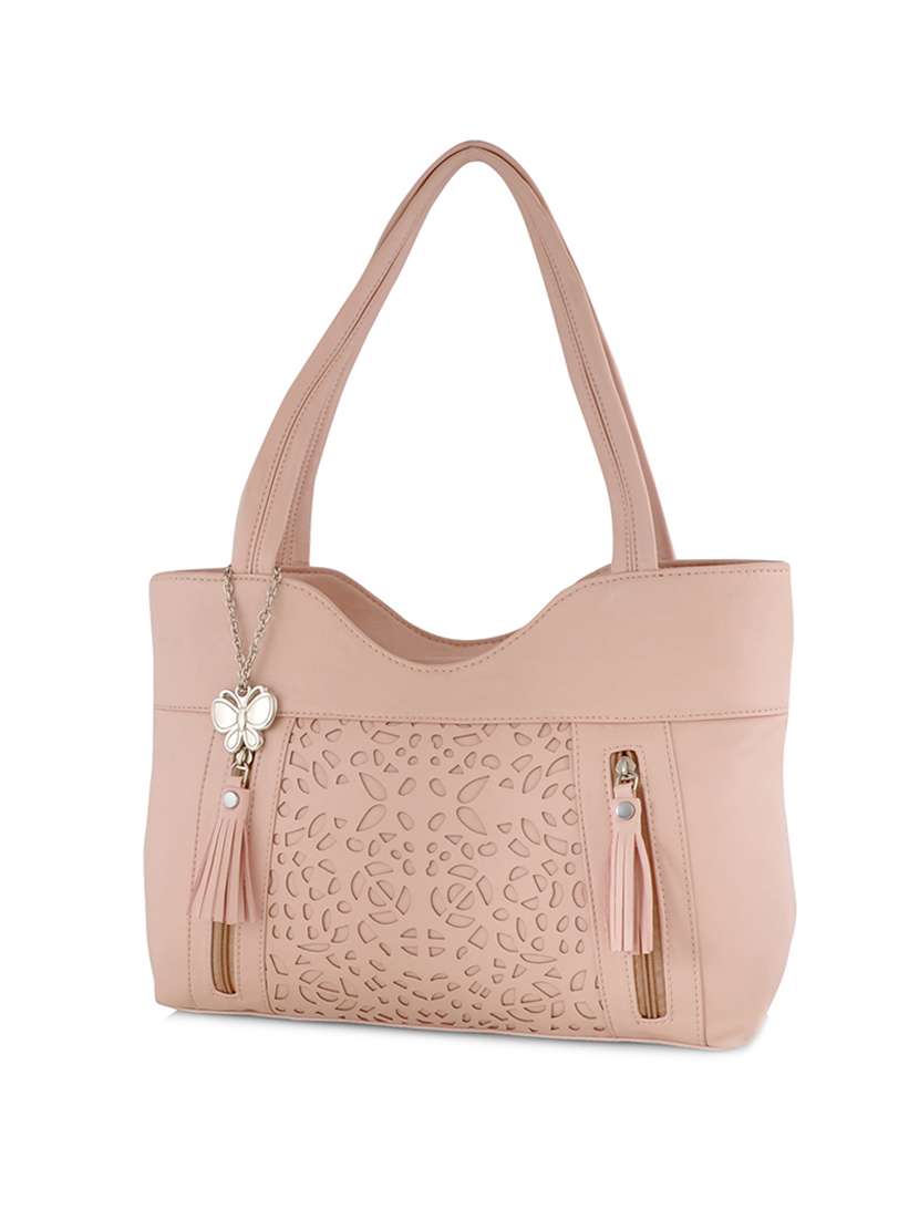 pink leatherette cutwork handbag