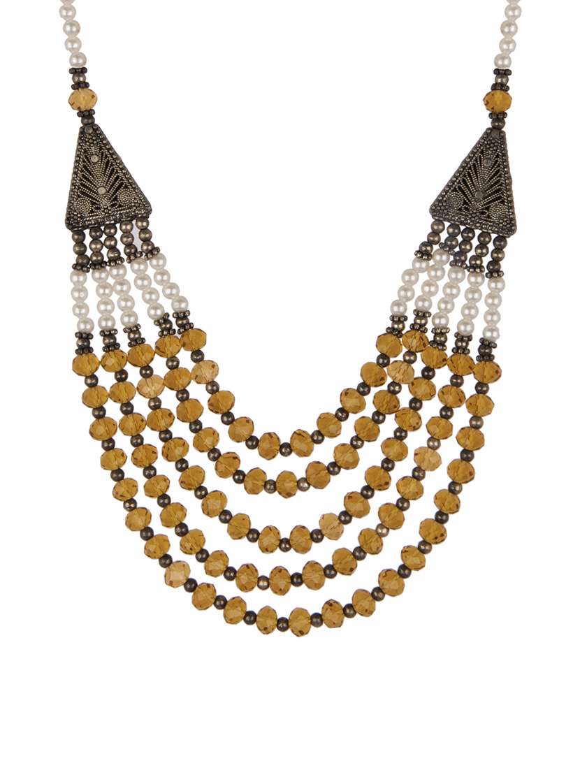 Ochre yellow beads embellished layered necklace