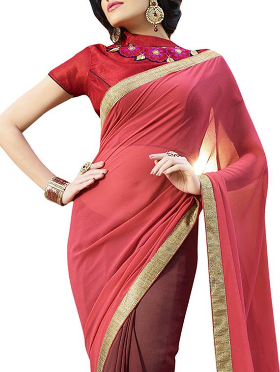 red georgette half & half saree - 12382377 - Standard Image - 1