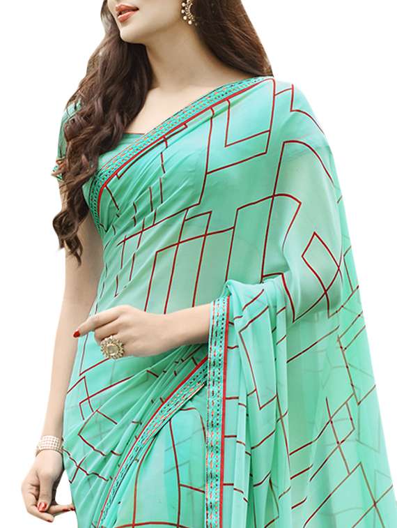 women's geometric turquoise colored saree with blouse - 12382389 -  Standard Image - 1