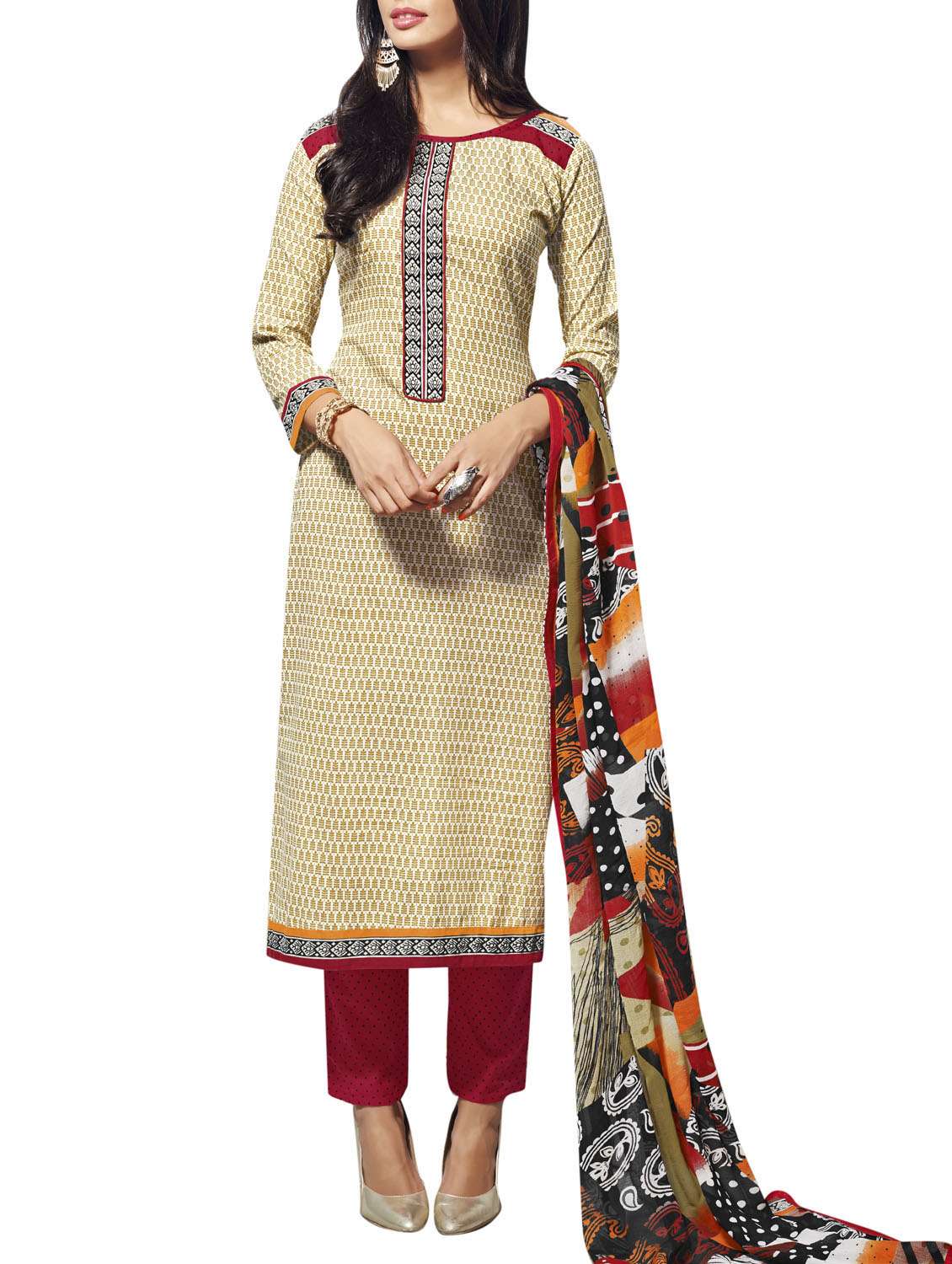 beige cotton printed unstitched suit