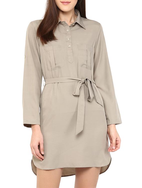 solid grey crepe belted dress - 12392078 - Zoom Image - 0