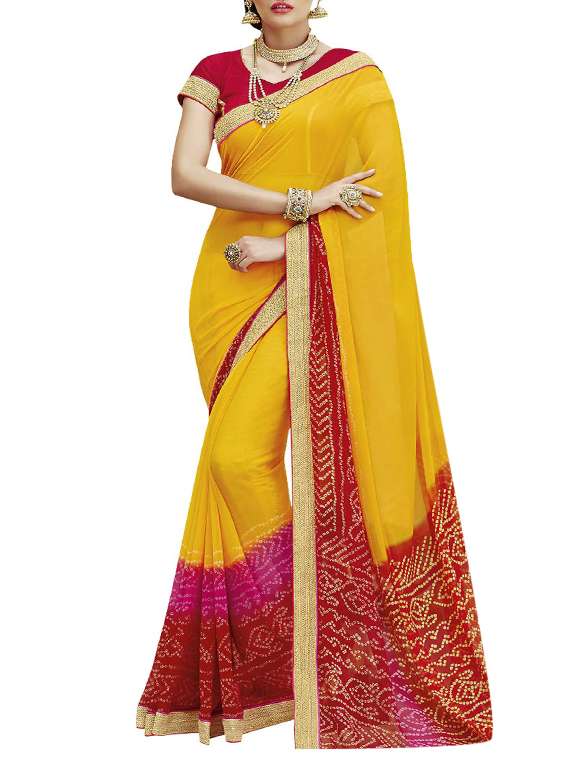 yellow georgette bandhani saree with blouse