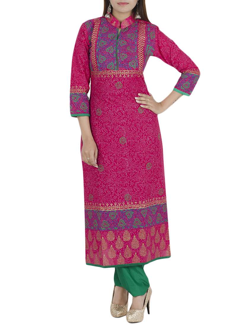 pink cotton printed long kurta